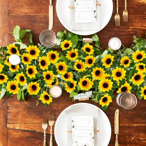 Uieke 3 Pack 7.5ft/Pcs Artificial Sunflower Garland Hanging Sunflower Vines with Green Leaves,Silk Flowers for Home Room Kitchen Garden Wedding Arch Bridal Baby Shower Party Outdoor Decor Medium - size: Medium