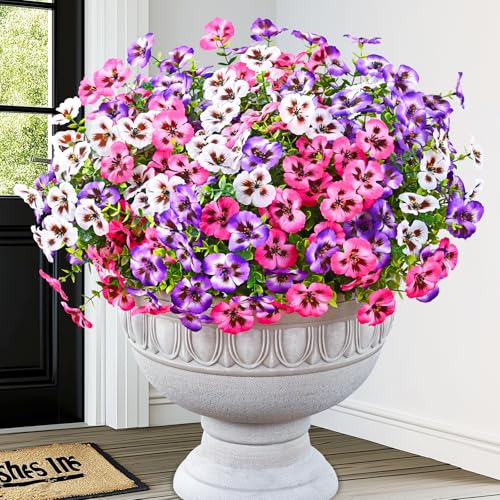 MARTINE MALL 12 Bundles Look Real Artificial Flowers for Outdoors, Realistic Fake Outdoor Flowers, UV Resistant Silk Pansy Flower for Outside Faux Flower Plant for Outdoor Porch Yard, Three Mix Colors - color: Pink+purple+white, size: 12 Bundles