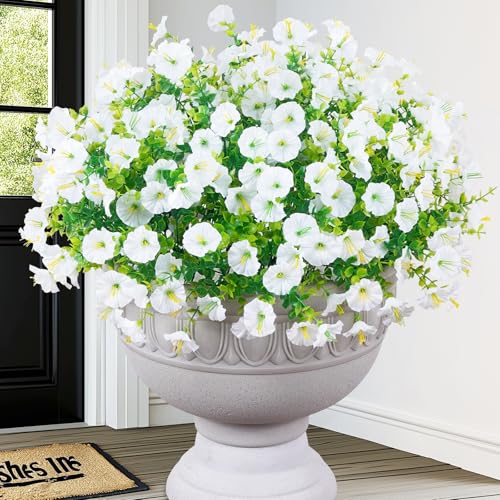 MARTINE MALL 24 Bundles Look Real Artificial Flowers for Outdoors, Realistic Fake Outdoor Flowers, UV Resistant Silk Petunia Flowers for Outside Faux Flowers Plants for Outdoor Porch, White - color: White, size: 24 Bundles