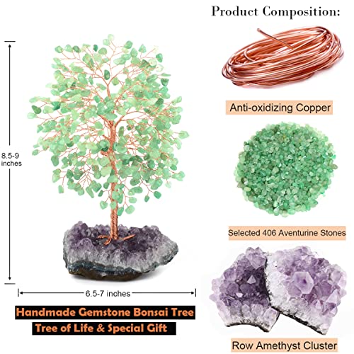 Crystal Tree of Life,Natural Green Aventurine (406 Beads Count) Amethyst Cluster Base, Positive Energy Feng Shui Gem Bonsai Money Tree Good Luck,Gift Size 8.5-9 Inches - color: Aventurine With Amethyst Cluster Base