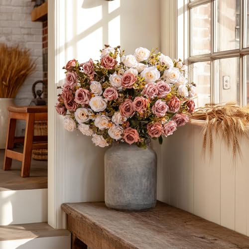 Artificial Rose Flowers for Outdoor 4 Bundles Rose Bouquet with Daisy Faux Flowers UV Resistant for Home Indoor Outside Garden Porch Window Box Balcony Yard Porch Fall Decor (White+Brown) - color: White+brown