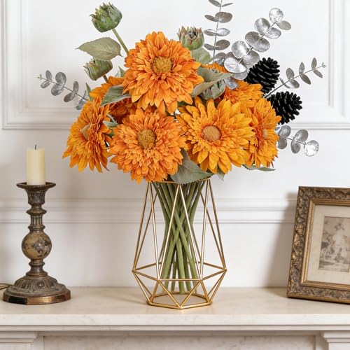 Kimura's Cabin 5Pcs Fake Sunflowers Artificial Flowers 16.5" Long Stem Indoor Fake Flowers in Vase for Wedding Bouquets Home Autumn Garden Outdoor Coffee Table Centerpiece Decor Orange Flowers - color: Orange Yellow