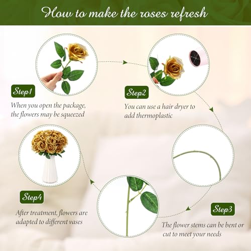 Lyrow 200 Pcs Artificial Roses Realistic Flowers Bulk Real Looking Fake Silk Rose Bouquets with Long Stem Flowers for Wedding Table Centerpieces Bridal Shower Party Home Garden Decor (Golden) - color: Golden