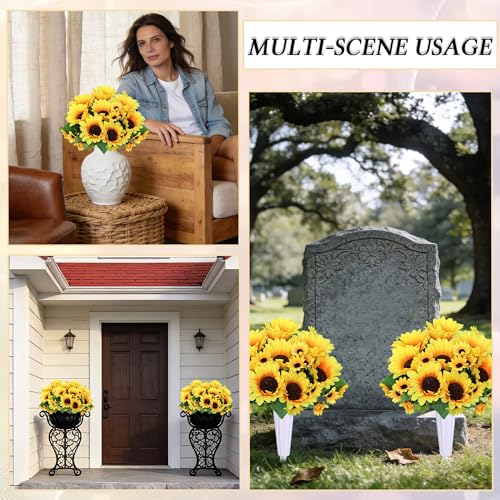 Artificial Cemetery Flowers for Grave Decorations - 4 Sunflower Bouquets with 2 Vases & Spikes - Lifelike Memorial Flowers for Cemetery Headstones Decoration ﻿ (Yllow)