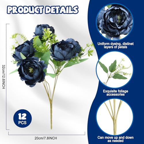 12 Bundles Navy Blue Peonies Artificial Flowers Bulk for Centerpiece | Realistic Silk Flowers, Wedding Decoration, Home Table Centerpiece, DIY Bouquet - color: Navy Blue