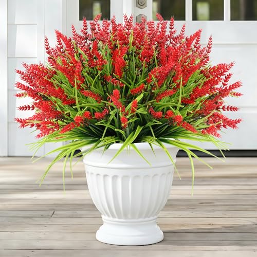 Faux Flowers for Outdoor Planters – 20 Bundles Fake Plants Outdoor, UV Resistant Artificial Plants & Flowers with Fake Monkey Grass, Faux Outdoor Plants for Porch Patio Garden Decor - color: Red – 20 Bundles