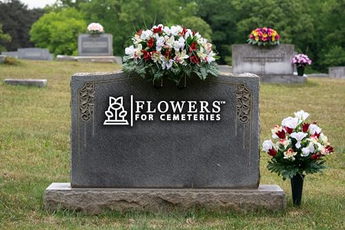 Sympathy Silks Artificial Cemetery Flowers - Grave Decoration - Red Tulips and White Iris (1) Headstone Saddle (1) Bouquet - color: Red/White, size: (1) Saddle (1) Bouquet