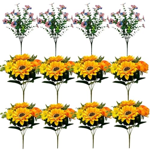 8 Faux Silk Peonies with 4 Free Silver Dollar Eucalyptus Stems, Multi-Color Floral Decor for Home, Courtyard, Wedding & Hotel (Yellow, 12) - color: 8xiangrikuiyellow +4anshuye, size: 12 pack