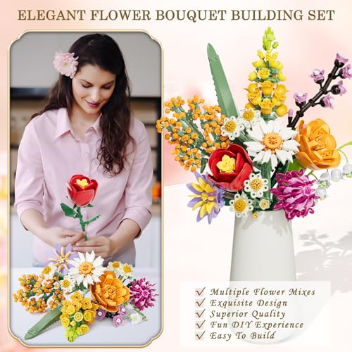 Flowers Bouquet Building Set, 1070PCS Wildflower Botanical Collection, Artificial Plant Flower Kit Toy for Adults Kids Women Her, Home Decor Gift for Birthday, Christmas, Valentines(No Vase)