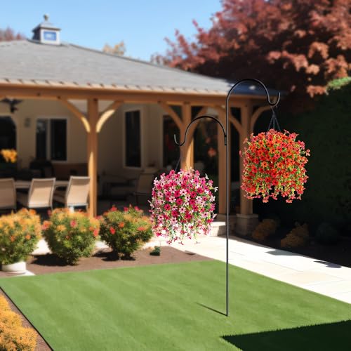 INXUGAO Artificial Hanging Flowers Plants with Basket for Outdoors, Realistic Faux Silk Daisy Flower Eucalyptus for Spring Decor, UV Resistant Fake Plants for Porch Patio Yard Balcony(Red Purple) - color: A-red Purple