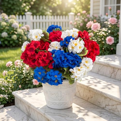 lovemoon 16 Pcs Artificial Geraniums Realistic Silk Patriotic Flowers, Red White Blue Faux Geranium Flowers for Outdoor Home 4th of July Office Decoration(16, Red White Blue) - color: Red, White, Blue