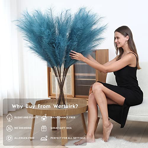 8 Pcs 45 inch Tall Faux Pampas Grass Decor, Large Artificial Blue Pompous Grass Bulk, Long Fake Pompas for Floor Vase Filler, Wedding, Baby Shower, Home and Boho Decor (Blue) - color: Blue