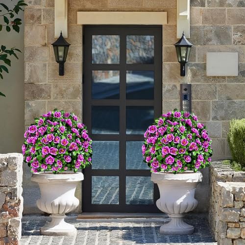 Waipfaru 2 Pack Artificial Flowers Topiary Ball Trees for Outdoors, 24" Fake Bushes Plants, UV Resistant Faux Shrubs with Ground Spike for Front Porch Planters Patio Garden Yard Decor(Fuchsia) - color: Fuchsia