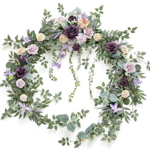 Ling's moment 9FT Eucalyptus and Willow Leaf Garland with White Flower, Handcrafted Wedding Sweetheart Table Centerpieces Head Table Decor Arch Backdrop Decorations for Wedding | Lavender Purple - color: Prpl-lavender Purple