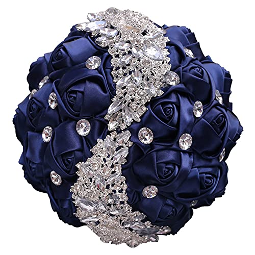 Wedding Bouquets for Bride Bridesmaid Brooch Bouquet Handmade Artificial Rhinestone Satin Rose Flower Tossing Bouquet for Wedding Ceremony Anniversary(Navy Blue,18cm) - color: Navy Blue, size: 7.1''/18cm