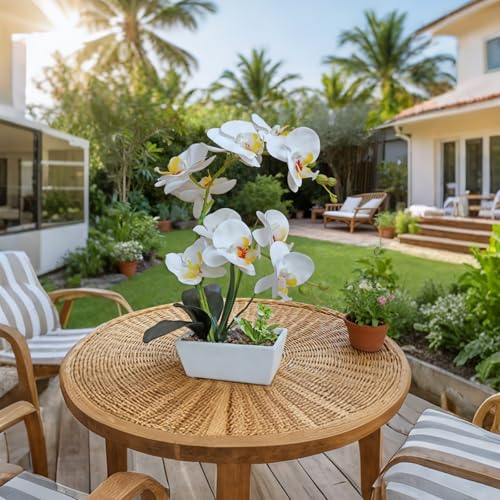 Fake Orchid Realistic Artificial Flowers Real Touch White Orchid Fake Potted Plants For Home Decor Indoor Phalaenopsis Orchids Centerpiece Flower Arrangement Table Decorations For Dining Room Bathroom - color: White With Yellow Cente