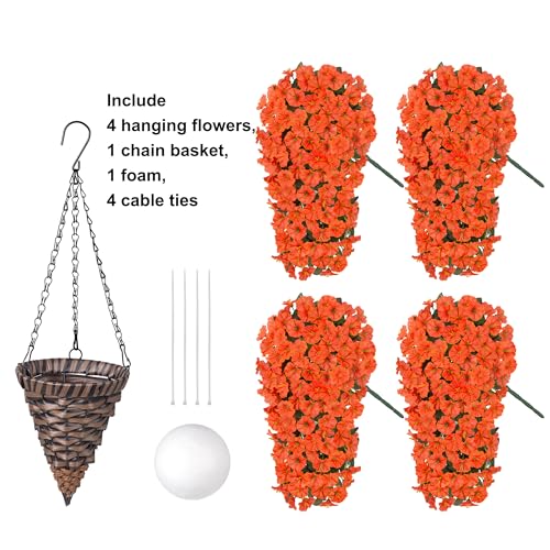 HyeFlora Artificial Fake Hanging Flowers Plants Baskets for Outdoor Decoration, Faux Silk Orange Morning Glory in Planter UV Resistant Look Real for Home Porch Patio Balcony Yard Decor - color: Orange Morning Glory