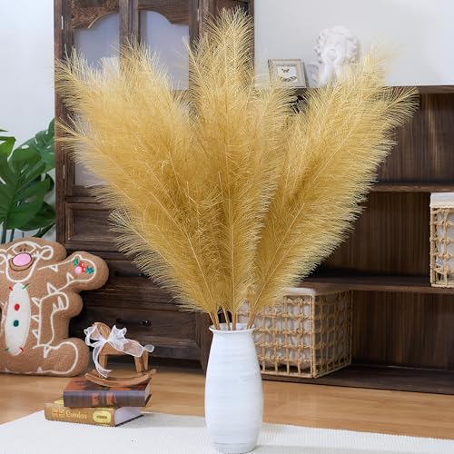 Premium Faux Gold Pampas Grass Decor – Golden Artificial Pampa 8pcs 43.3″ 110cm, Tall & Fluffy, No Assembly One-Piece 18-Branch Stems, Luxury Silk Feather Flowers for Wedding Boho Home Decorations - color: Faux Gold, size: 8pcs 43.3"(110cm)