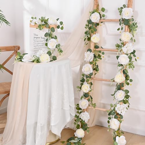 Livole 6 FT Artificial Flower Garland Real Touch Fake White Floral Rose Peony Garland with Eucalyptus Flower Hanging Vine for Wedding Table Centerpieces Backdrop Party Arch Home Decorations - color: White, size: 1 Pc