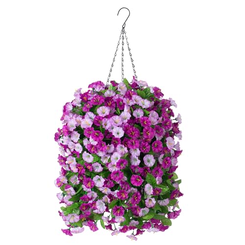 INXUGAO Artificial Flowers with Hanging Basket, Outdoor Faux Plants Silk Morning Glory Vines, Fake Green Arrangement for Garden Patio Spring Summer Decor(4pcs,Darkorchid) - color: Darkorchid