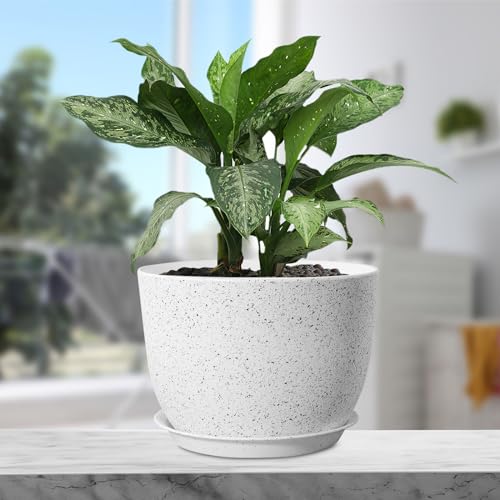 Meowell Plant Pots 12 inch, Plastic Planters with Drainage Holes and Saucers, Large Flower Pots for Indoor Outdoor Plants, Modern Decorative Pots for Garden House Plants, Speckled White - color: Speckled White, size: 12inch C