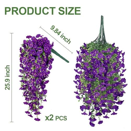 Artificial Hanging Flowers for Outdoors, 2PCS 300 Blooms UV Resistant Morning Glory Vine Fake Flowers with Eucalyptus, Realistic Silk Faux Hanging Plants Decorations for Planter Porch Patio (Purple) - color: Purple, size: 2PCS