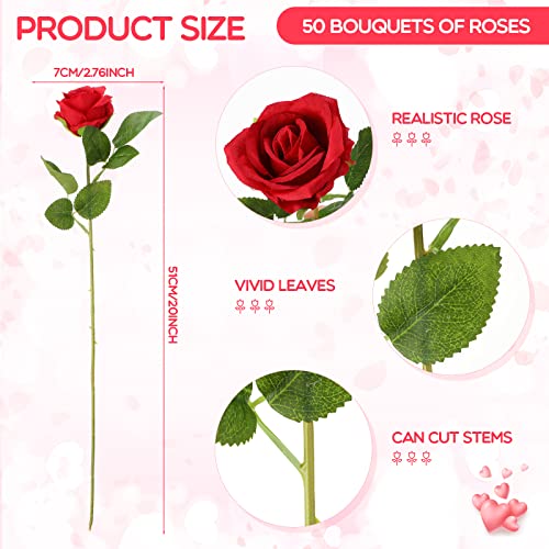 Jexine 50 Pcs Artificial Rose Flower Bulk Realistic Silk Fake Roses with Long Stem Plastic Artificial Flower Bouquet Real Looking for Home Wedding Centerpieces Party Decoration(Red) - color: Red