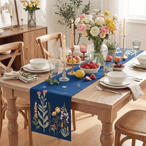 Artoid Mode Dark Blue Soft Chain Embroidery Wild Floral Spring Table Runner, Seasonal Winter Kitchen Dining Table Decoration for Home Party Decor 13x72 Inch - color: Dark Blue, size: 13" x 72", Table Runner