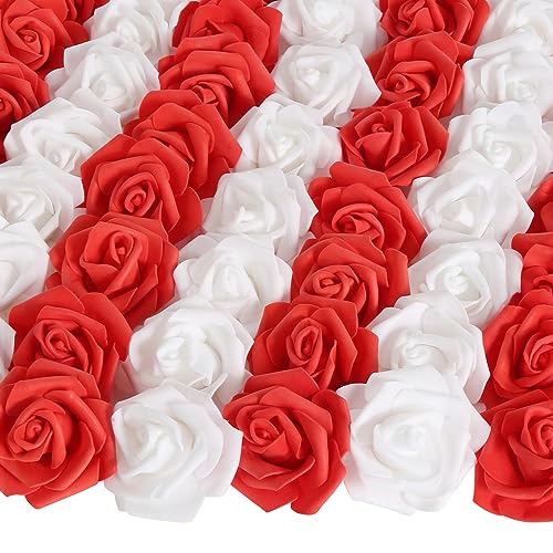 100pcs White Artificial Rose Flower Heads, 3inch Red Foam Roses Bulk Stemless Fake Flower Heads for DIY Crafts,Cake Decoration Wedding,Baby Shower Flower Centerpieces(White&Red) - color: White&red