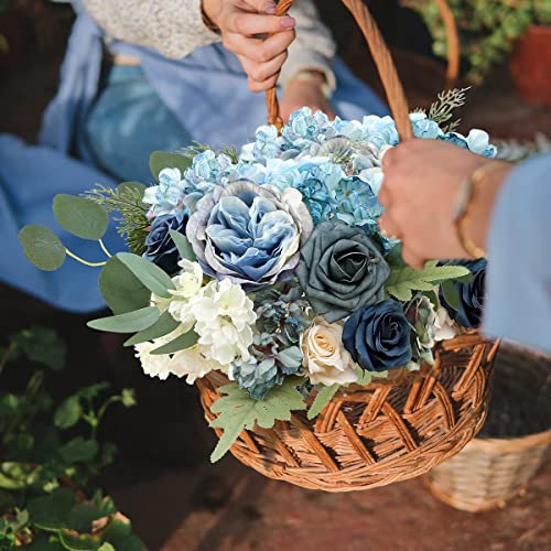 Kisflower Blue Flowers Artificial Combo Cake Flowers Decorations Fake Silk Roses Dahlia Peony Flowers Gift Box for DIY Wedding Bridal Bouquet Centerpieces Arrangements (Dusty Blue) - color: Dusty Blue