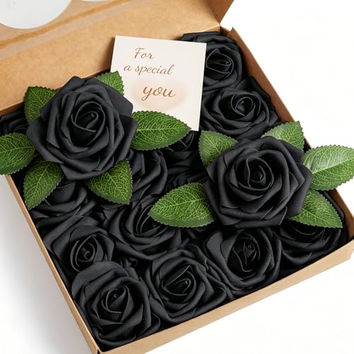 16 Pcs Black Roses Artificial Flowers | Foam Roses with Stems, Black Flowers for DIY Gothic Decor, Halloween Arrangements, Home Accents - color: Black