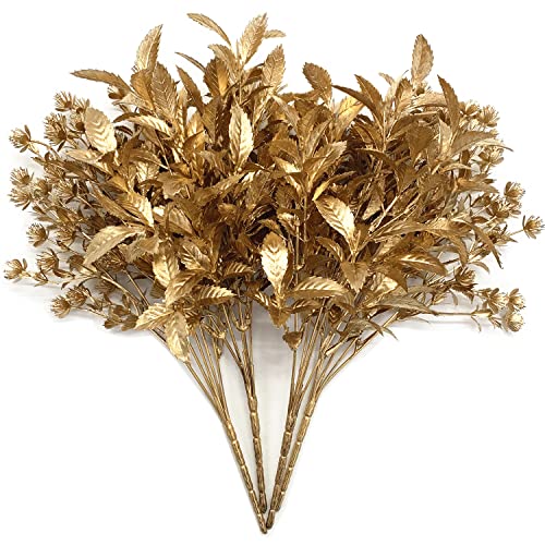 CATTREE Artificial Gold Plants for Christmas, Golden Leaves Plastic Faux Gypsophila Fake Simulation Baby Breath Flowers for Home Indoor Outdoor Wedding Decoration Hall Table Planter Filler 4 Pack - color: Gold Leaves- 2 Pcs & Gold Gypsophila- 2 Pcs