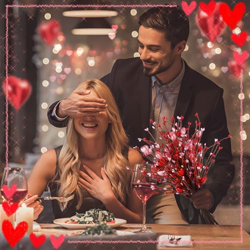8PCS Valentine's Day Floral Decorations – Artificial Heart Shaped Foam with Red, Pink, White Berries, Artificial Picks for Home, Wedding, Party, DIY Craft, Perfect Valentine's Gift