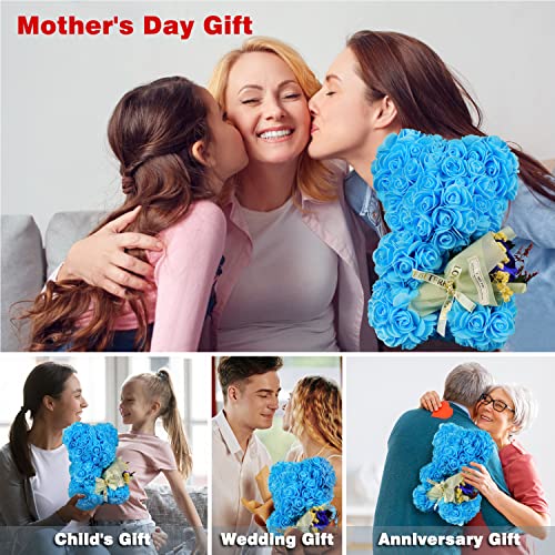 Mother's Day Rose Bear Gifts for Mom, Rose Flower Bear Romantic Birthday Gifts for Girlfriend Wife,Rose Teddy Bear Women Gifts, Valentines Bear with Rose Bouquet - color: Blue Rose