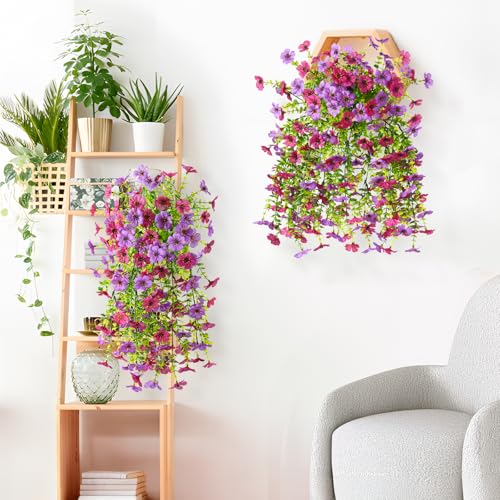 INQCMY 2Pcs Artificial Fake Hanging Flowers for Outdoors UV Resistant Artificial Plants for Spring Summer Decor Look Real Faux Flowers for Outside Home Planter Porch Patio Decor - color: Purple Red