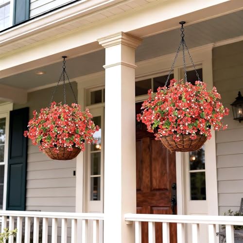 GLIDLION 12 Bundles Artificial Morning Glory & Eucalyptus for Outdoor, Realistic Fake Silk Flower UV Resistant Faux Plant for Front Door Patio Garden Farmhouse Decor (Red) - color: Red