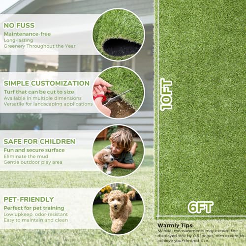Artificial Grass Rug Indoor Outdoor, 6 x 10FT Faux Grass Turf with Drainage Holes, Realistic Artificial Lawn Rug Dog Pets Mat, Turf Carpet for Garden Lawn Landscape Balcony Patio Backyard Decor - size: 6 ft x 10 ft = 60 Square ft