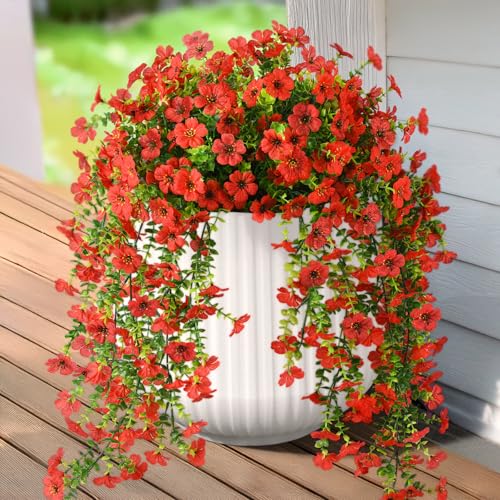 Hommyea Fake Artificial Hanging Flowers for Outdoors, 2 Pcs Fake Hanging Plant Spring Summer Decor, UV Resistant No Fade Faux Silk Daisy Flower for Front Door Porch Planter Patio Yard Garden(Red) - color: Red
