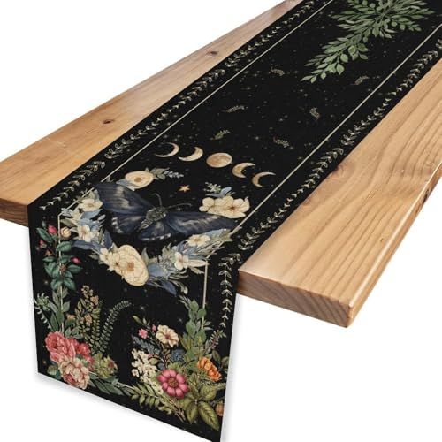 Gothic Moth Table Runner, Boho Vintage Floral Gothic Sun Moon Phase Mystical Witchy Farmhouse Coffee Table Center Decor for Home Kitchen Dining Patio Holiday Party Table Decorations 13x36 inches - color: Tr-moth08, size: 13x36" Table Runner