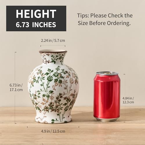 6.73" Ceramic Flower Decorative Antique Vase, Vintage Rustic Chinoiserie Floral Vase for Home Decor, Living Room, Bookshelf, Office, Entryway, Garden, Tuscan Decor, Chinoiserie Decor - color: Green and Beige- 6.73"