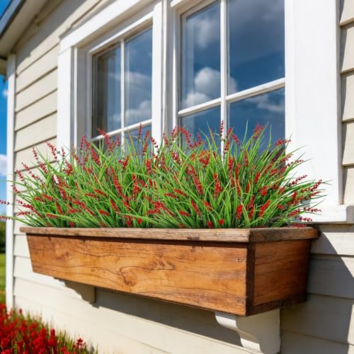 24 Bundles Artificial Plants Flowers Outdoor, Faux Lavender Flowers Fake Monkey Grass UV Resistant Plastic Plant for Porch Garden Patio Window Home Decor, Red - color: Red