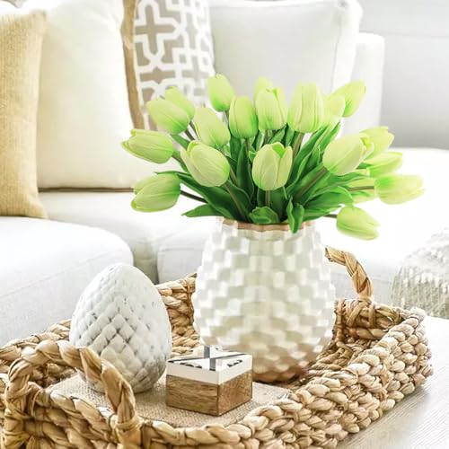 Beferr 18pcs Tulips Artificial Flowers Faux Tulip Real Touch Fake Flowers Bouquets Arrangements for Easter Spring Flowers Home Table Decor Green - color: Q-18pcs-1colors-green, size: 18PCS