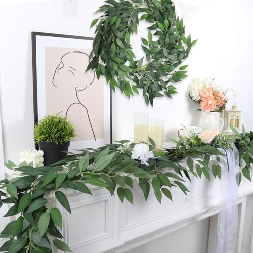 RECUTMS Fake Willow Leaves Vine Artificial Italian Ruscus Greenery Garland 2Pack 6.5FT Faux Hanging Silk Leaf Ivy Rattan for Home Office Wedding Garden Balcony Wall Window Indoor Outdoor Decor - color: Ruscus Greenery Garland 2pcs