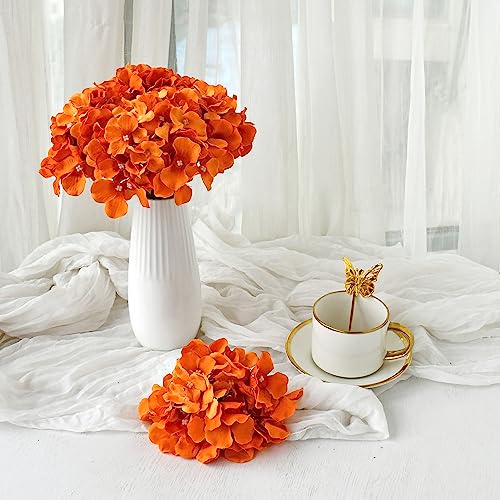 ONLY ART Orange Silk Hydrangea Flower Heads 10 Pcs with Removable Stems 12.5" Faux Flowers for Home, Wedding & Event Décor