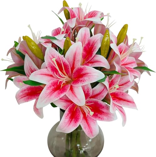 ATFL Artificial Lilies Flowers,9 Pcs Faux Lily Flowers,16''Tiger Lily Branches with 2 Full Blooms and 1 Bud,Faux Fake Lilies Plants for Wedding Bouquet Floral Arrangements (9, deep Pink) - color: Deep Pink