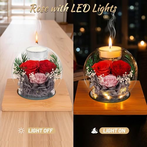 Preserved Colorful Real Rose in Glass with Scented Candles–– Forever Flower Romantic Anniversary Christmas Birthday Valentines Mothers Day Gifts for Mom, Women, Wife, Girlfriend, Her, Grandma - color: Colorful