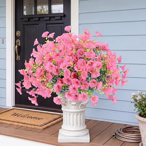Artificial Flowers for Outdoors 12 Bundles Realistic Faux Plants UV Resistant Fake Silk Morning Glory with Eucalyptus for Front Door Planter Patio Porch Outside Spring Summer Decoration (Pink) - color: Pink