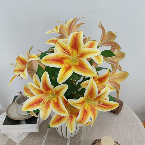 Artificial Orange Lilies Flowers,10Pcs Faux Lily Flower,20''Tiger Lily Branch with 2 Full Blooms, Faux Fake Lilies Plants for Wedding Bouquet Home Party Indoor Floral Arrangements (10, Orange) - color: Orange