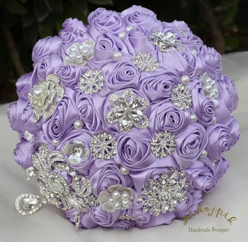 Bridal Wedding Bouquet Round Bling Brooch Bouquet Artificial Rose Flower Bunch for Bride Bridesmaid Wedding Quinceanera(Light Purple, 8.7") - color: Light Purple*, size: Medium (Dia. 8.7"/22cm)