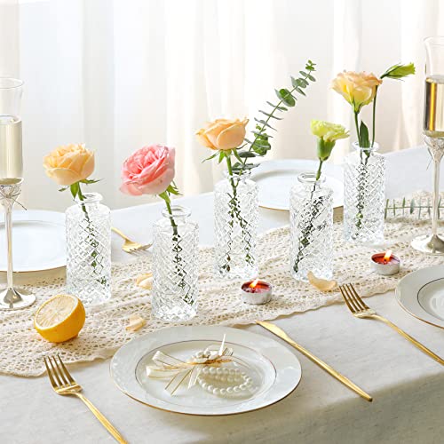 ComSaf Glass Bud Vases Set of 6, Small Diamond Bud Vases in Bulk, Mini Flowers Vases for Centerpieces, Vintage Bottle for Table Decorations, Wedding Decor, Recepetion, Home, (Clear) - color: Clear, size: 6 Pcs